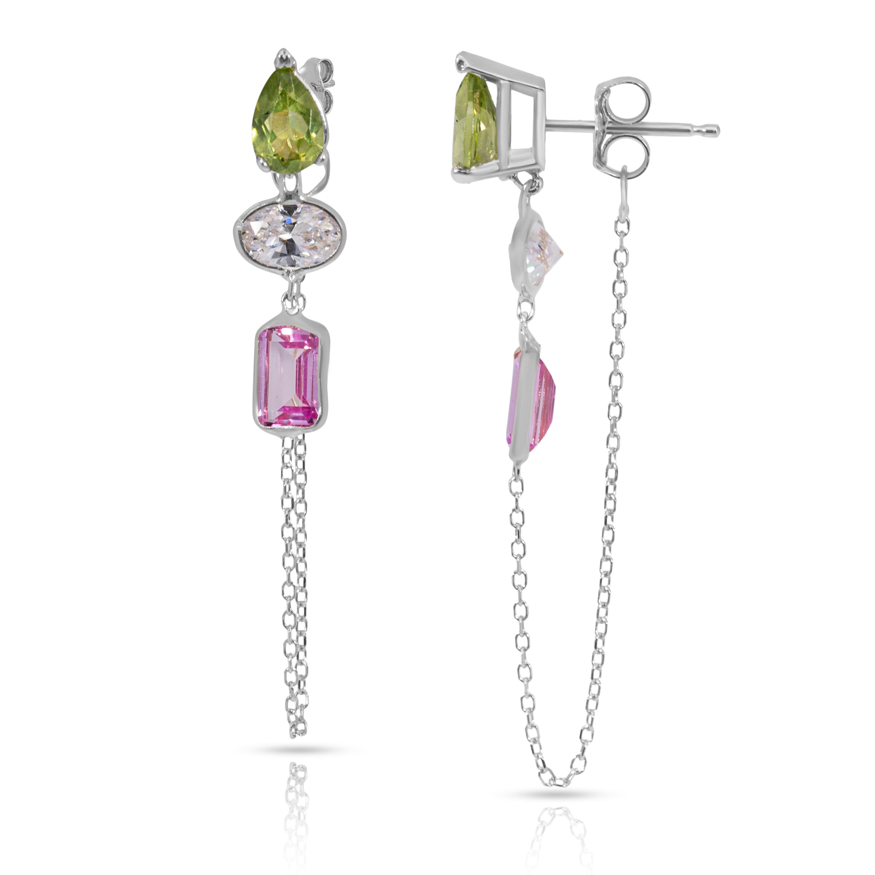 14K White Gold Drop, Oval And Emerald Cut Peridot, White And Pink Gemstones Chain Studs