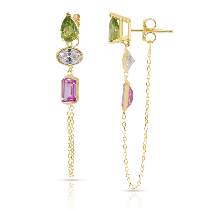 14K Yellow Gold Drop, Oval And Emerald Cut Peridot, White And Pink Gemstones Chain Studs