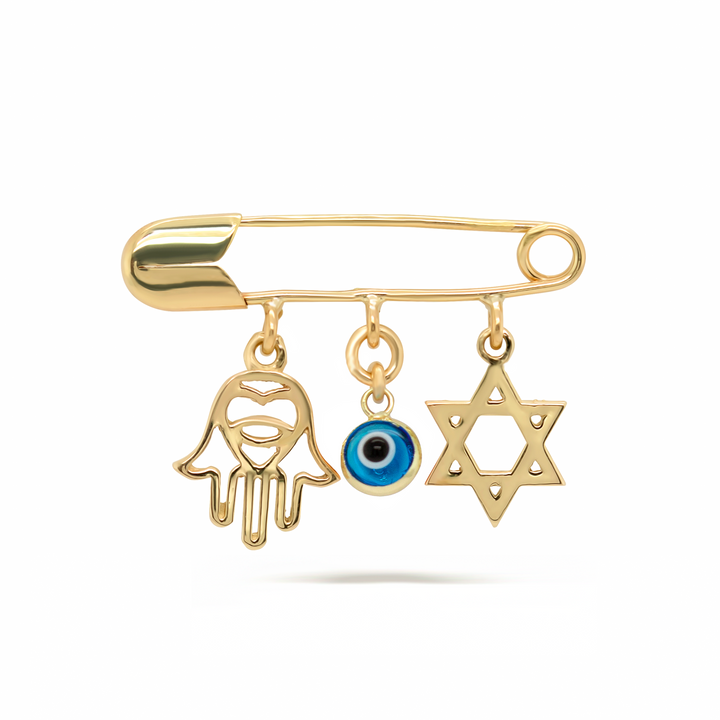 14K Gold Hamsa, David Star and Blue Eye Baby Safety Pin