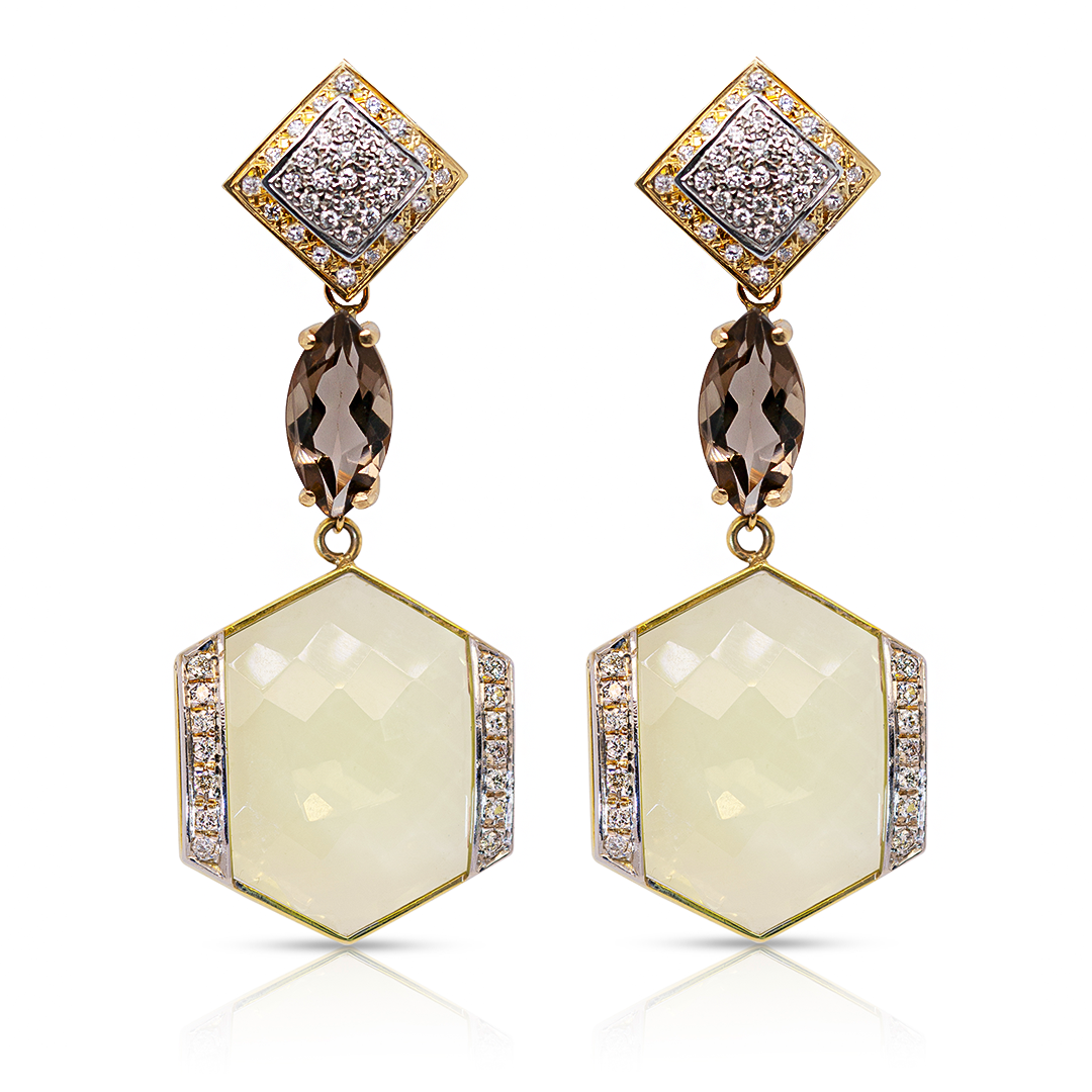 18K Lemon Citrine, Smokey Quartz and Diamonds Earring Pendants