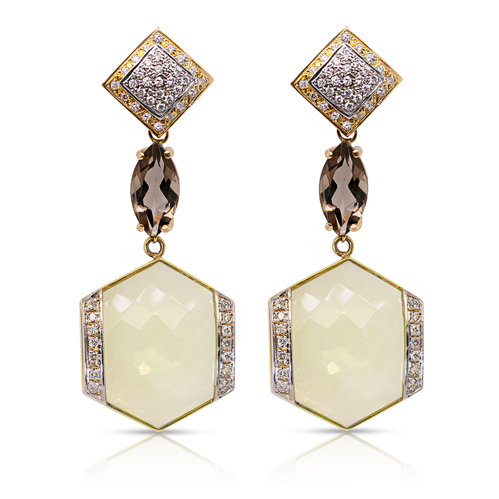 18K Lemon Citrine, Smokey Quartz and Diamonds Earring Pendants