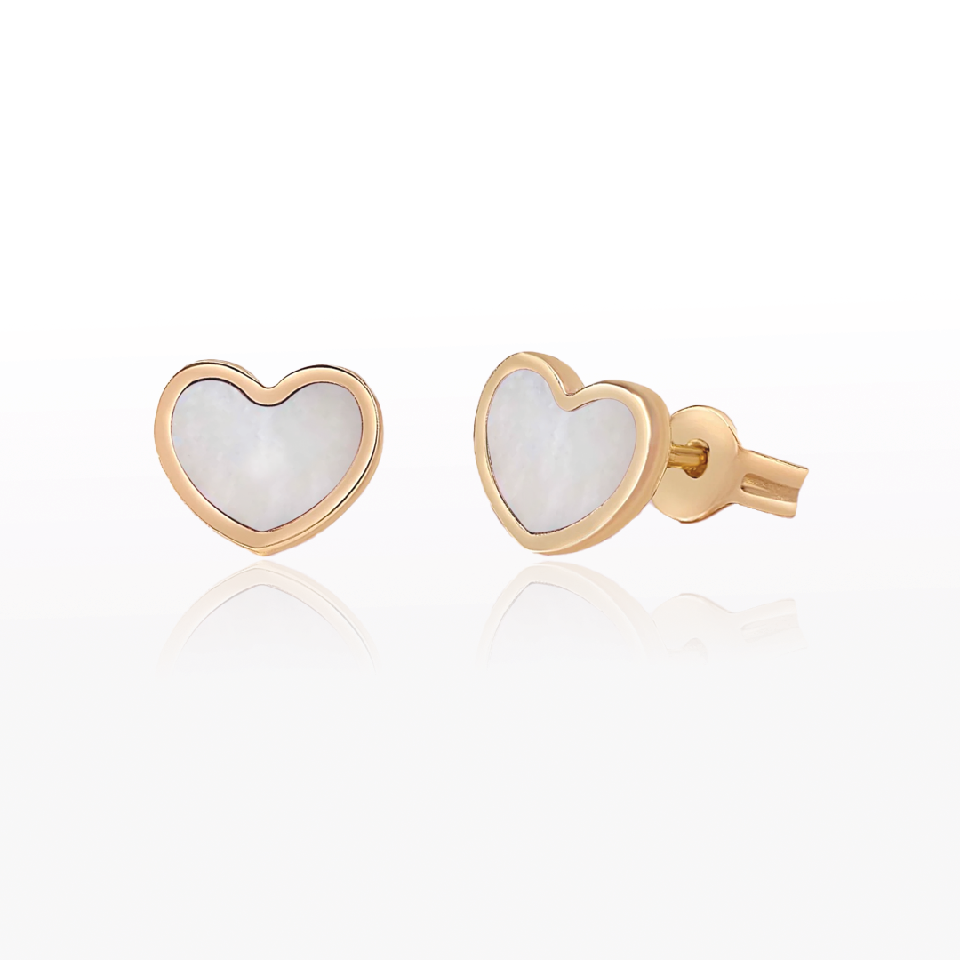 14K Gold Mother Pearl Heart Studs Earrings