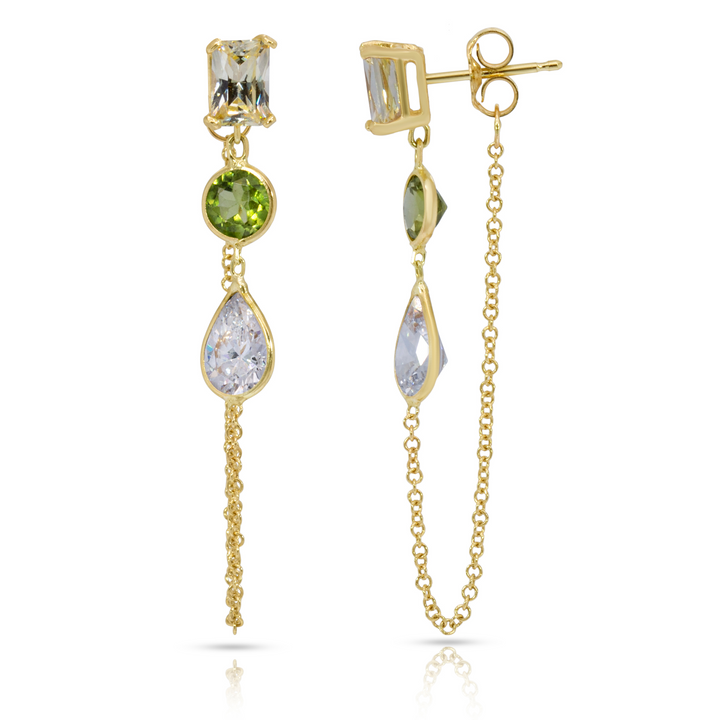 14K Yellow Gold Emerald, Round And Drop Cut Peridot, Citrine And White Gemstones Chain Studs