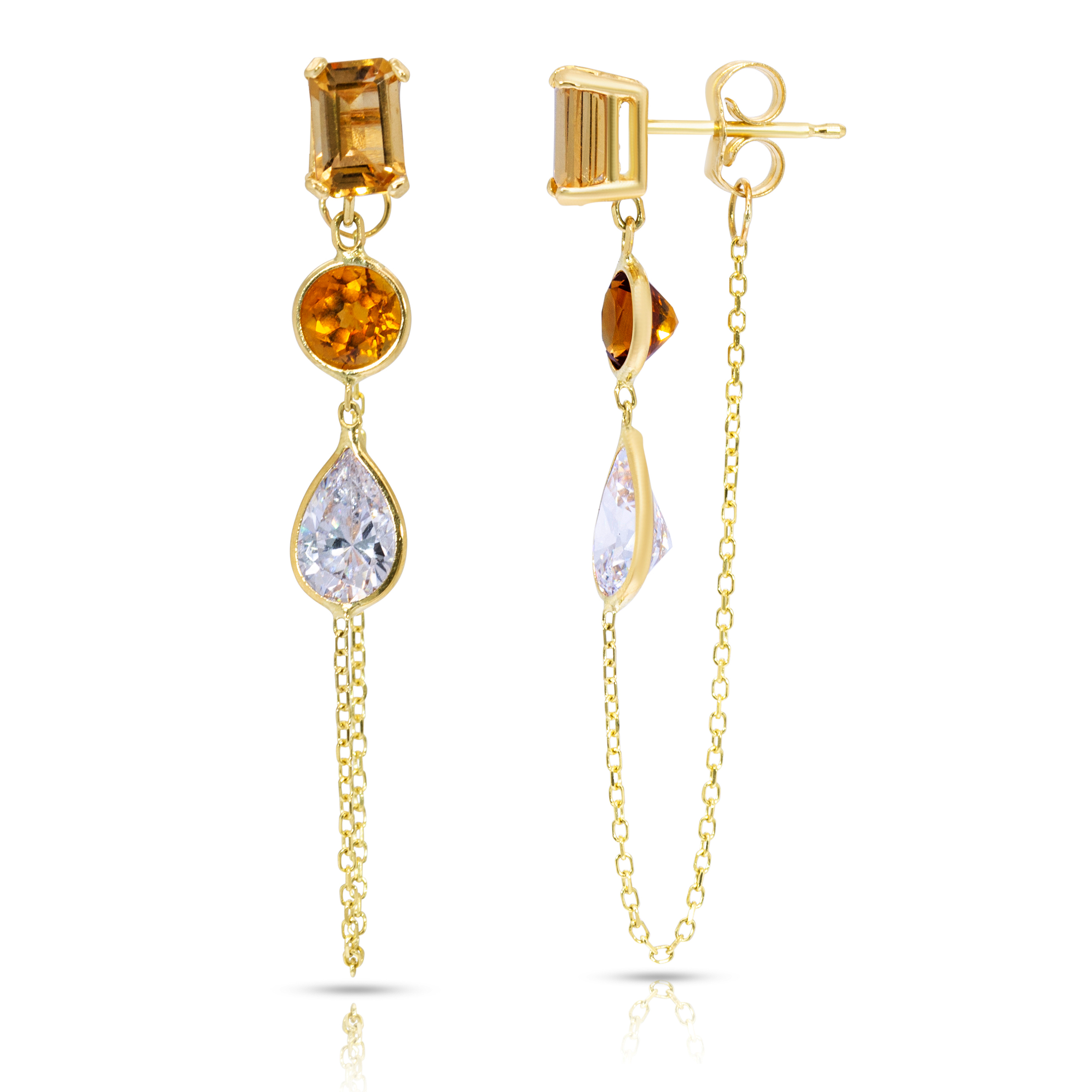 14K Yellow Gold Emerald, Round And Drop Cut Citrine And White Gemstones Chain Studs