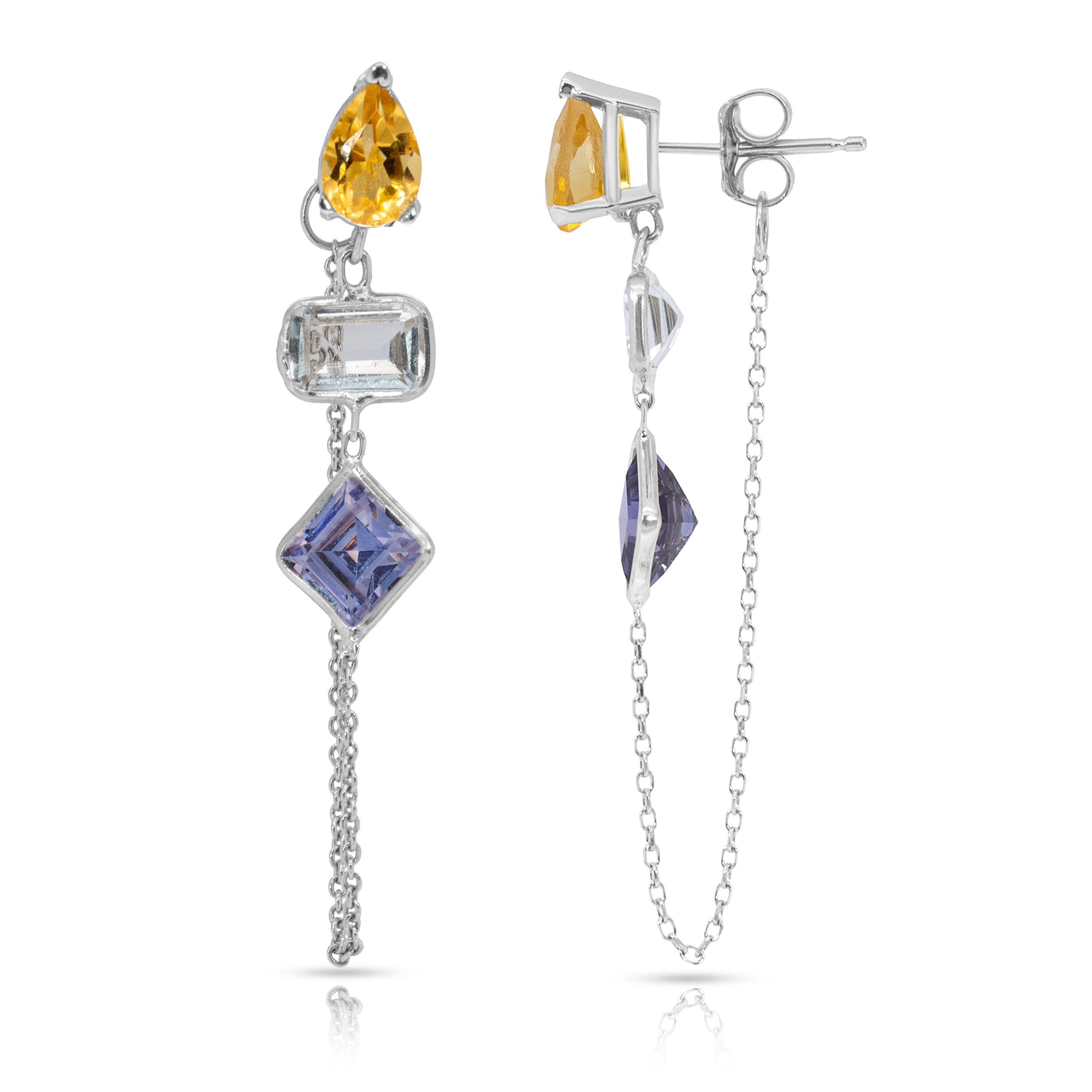 14K White Gold Drop, Emerald And Princess Cut Citrine, White And Iolite Gemstones Chain Studs