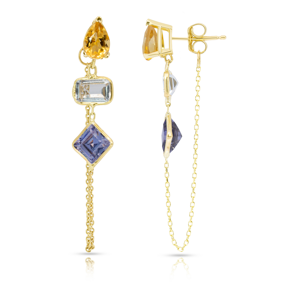 14K Yellow Gold Drop, Emerald And Princess Cut Citrine, White And Iolite Gemstones Chain Studs