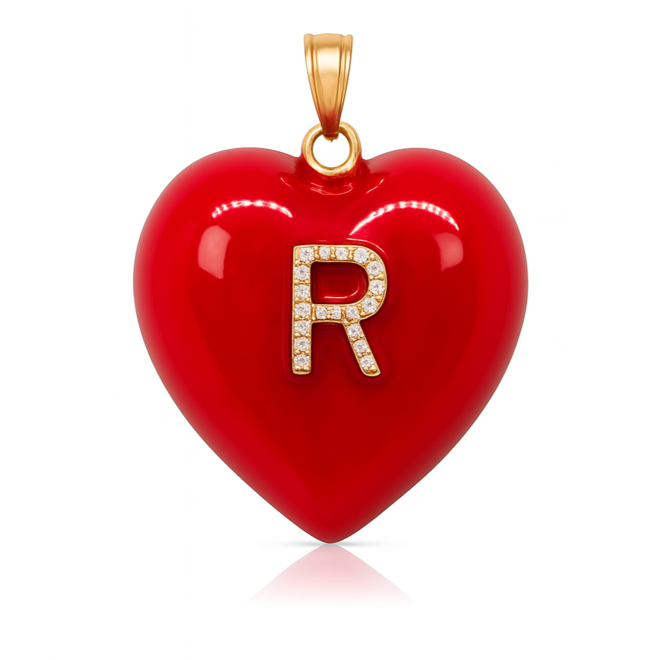 14K Gold, Diamonds, Enamel Large Puffy Heart Charm