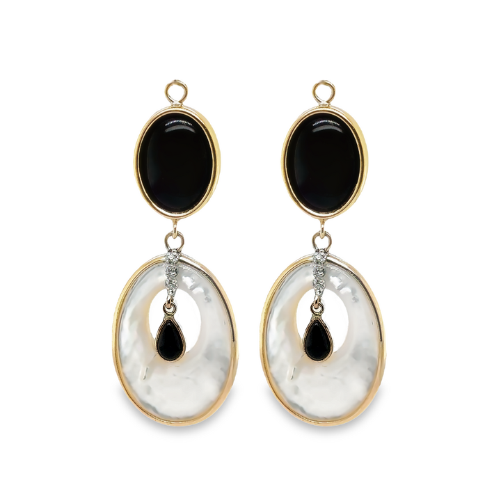 14K Gold Diamonds, Onyx and Mother Pearl Earring Pendants