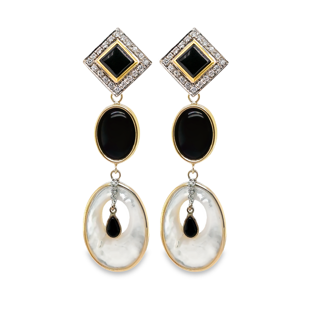 14K Gold Diamonds, Onyx and Mother Pearl Earring Pendants