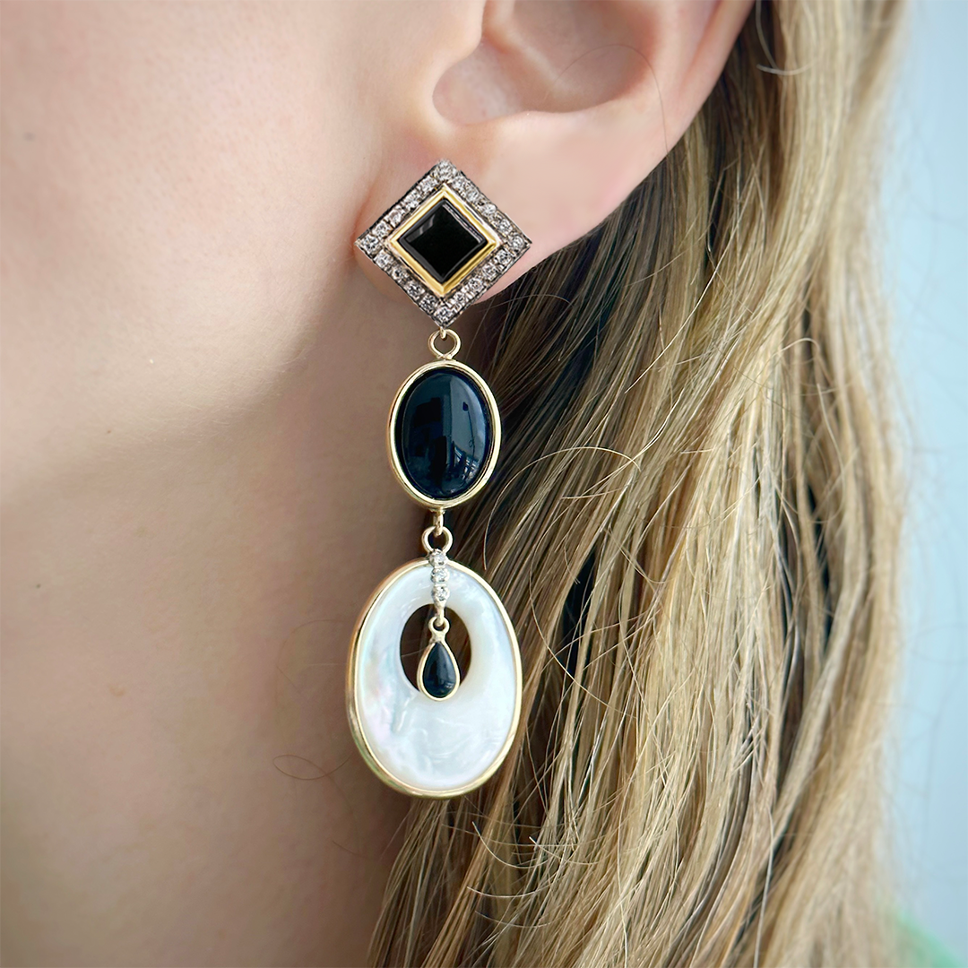 14K Gold Diamonds, Onyx and Mother Pearl Earring Pendants