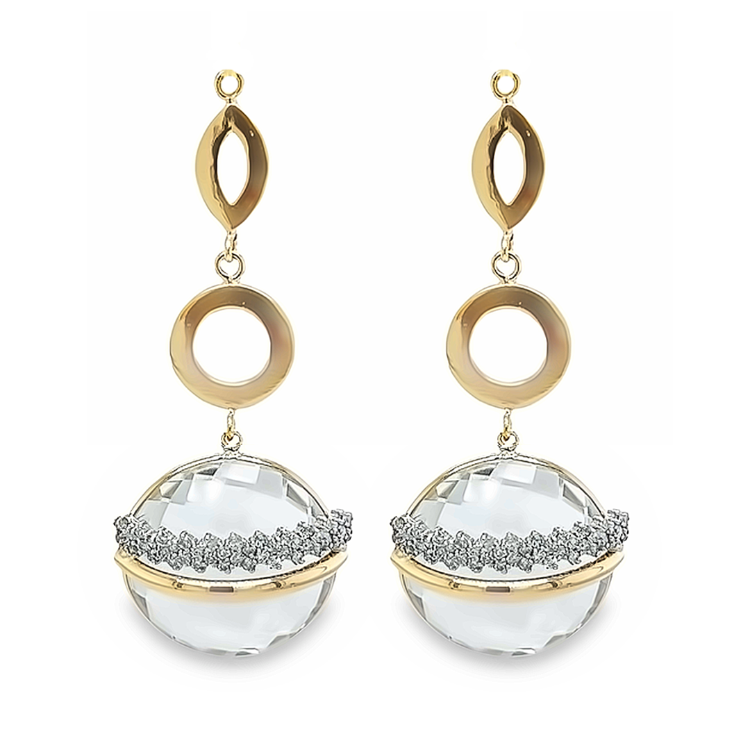 Rounded White Topaz, Diamonds and Gold Earring Pendants