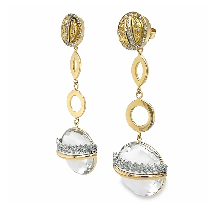 Rounded White Topaz, Diamonds and Gold Earring Pendants