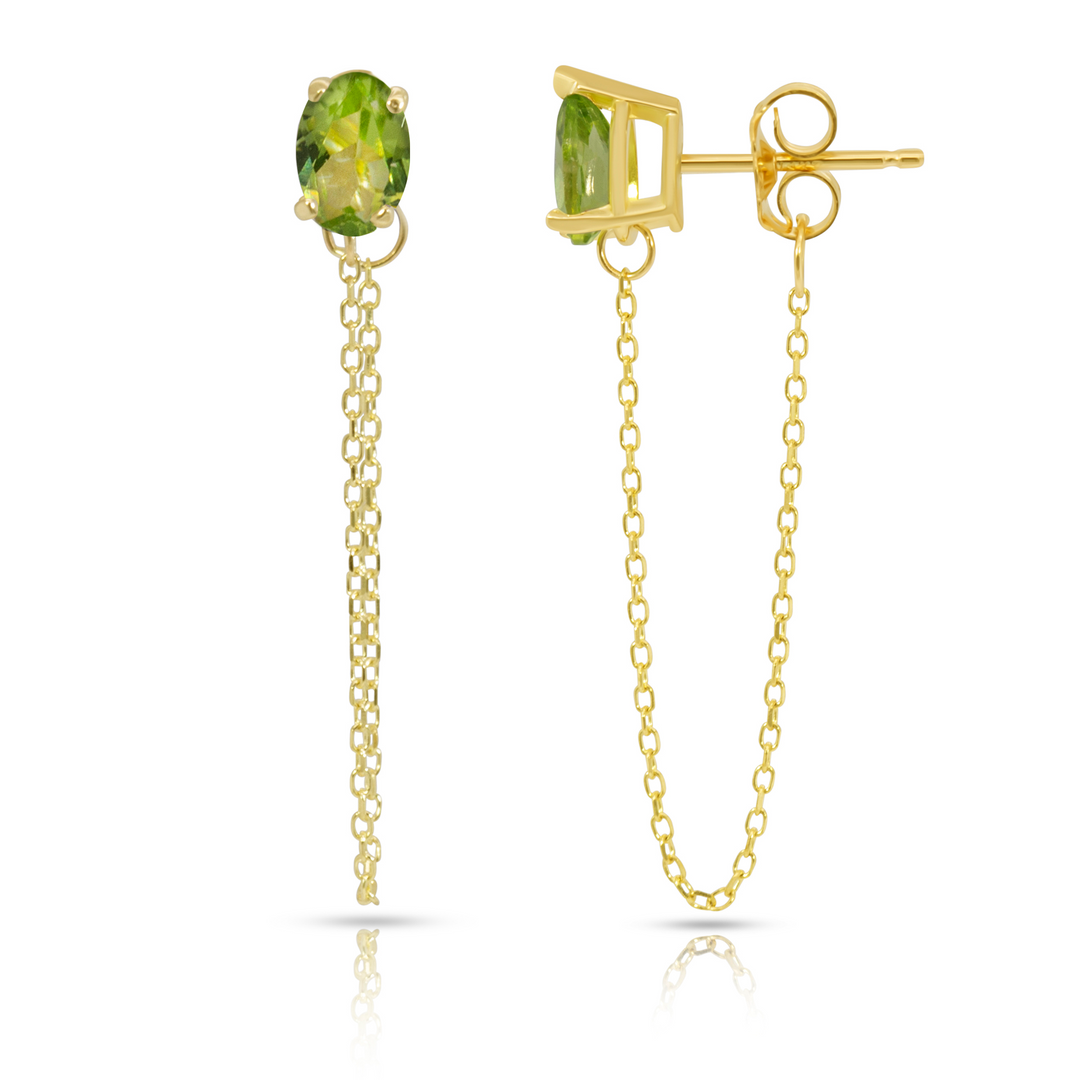 14K Yellow Gold Single Oval Peridot Gemstone Chain Studs Earrings
