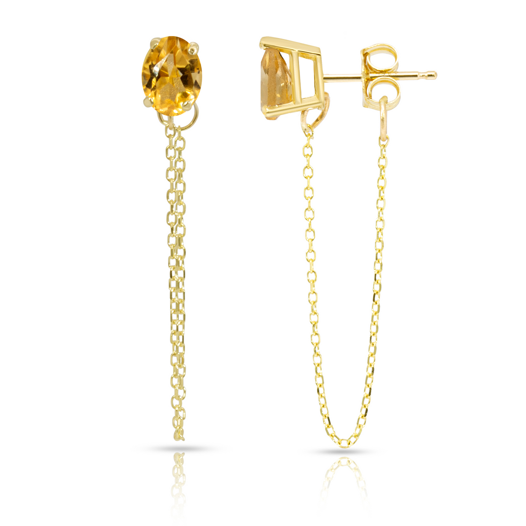14K Yellow Gold Single Oval Citrine Gemstone Chain Studs Earrings