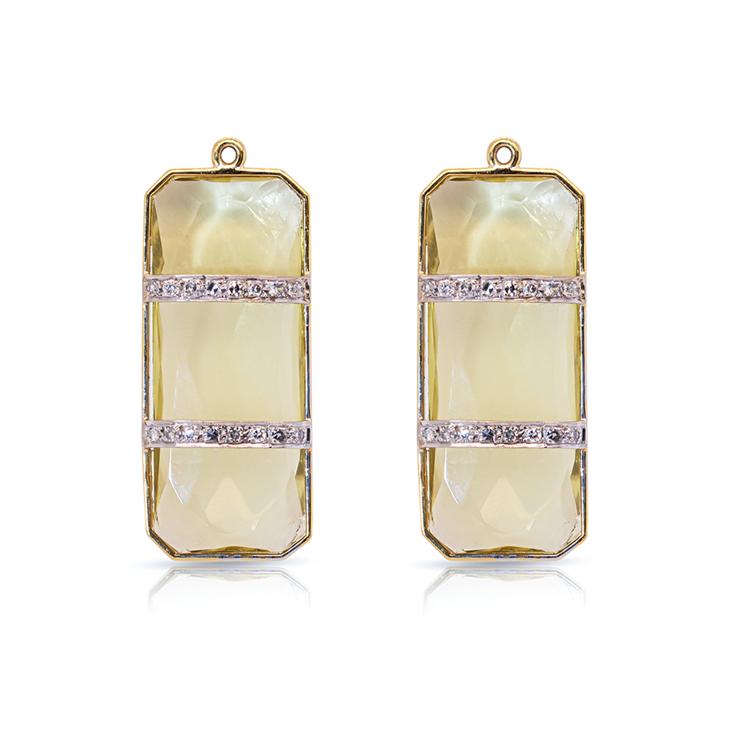 18K Gold, Lemon Citrine and Diamonds Rectangular Earring Pendants