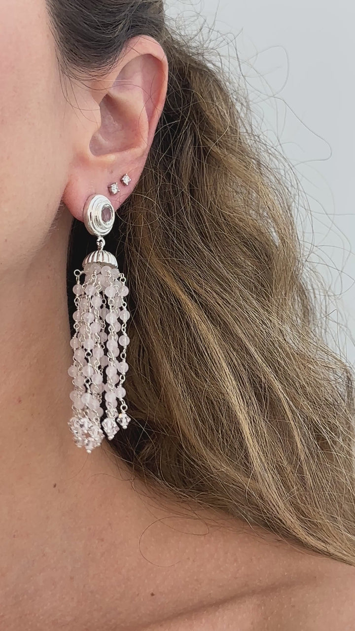 925 Sterling Silver and Rose Quartz Braided Pom Pom Dangling Earrings