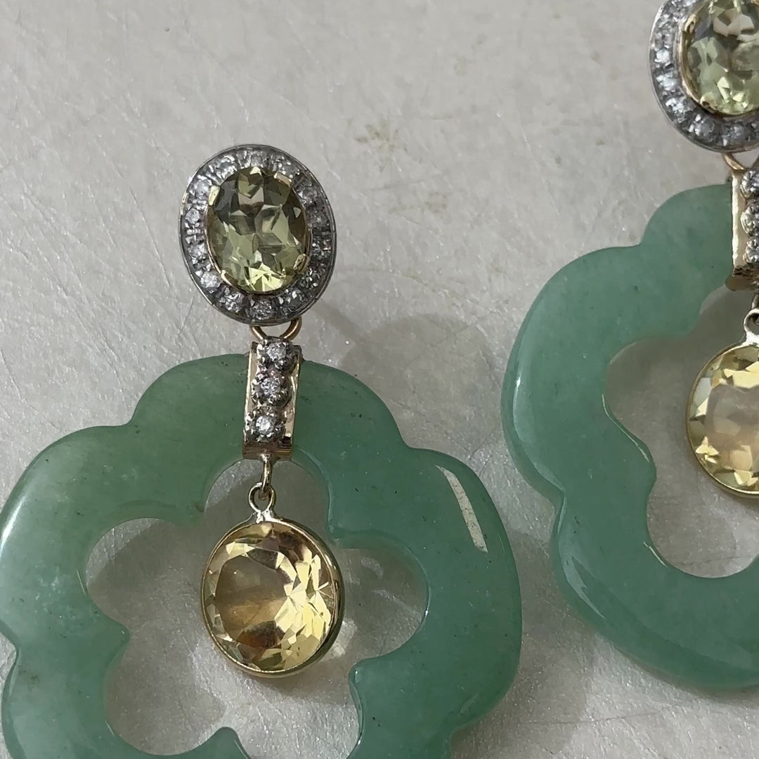 14K Gold Green Aventurine Dangling Flower Earring Pendants