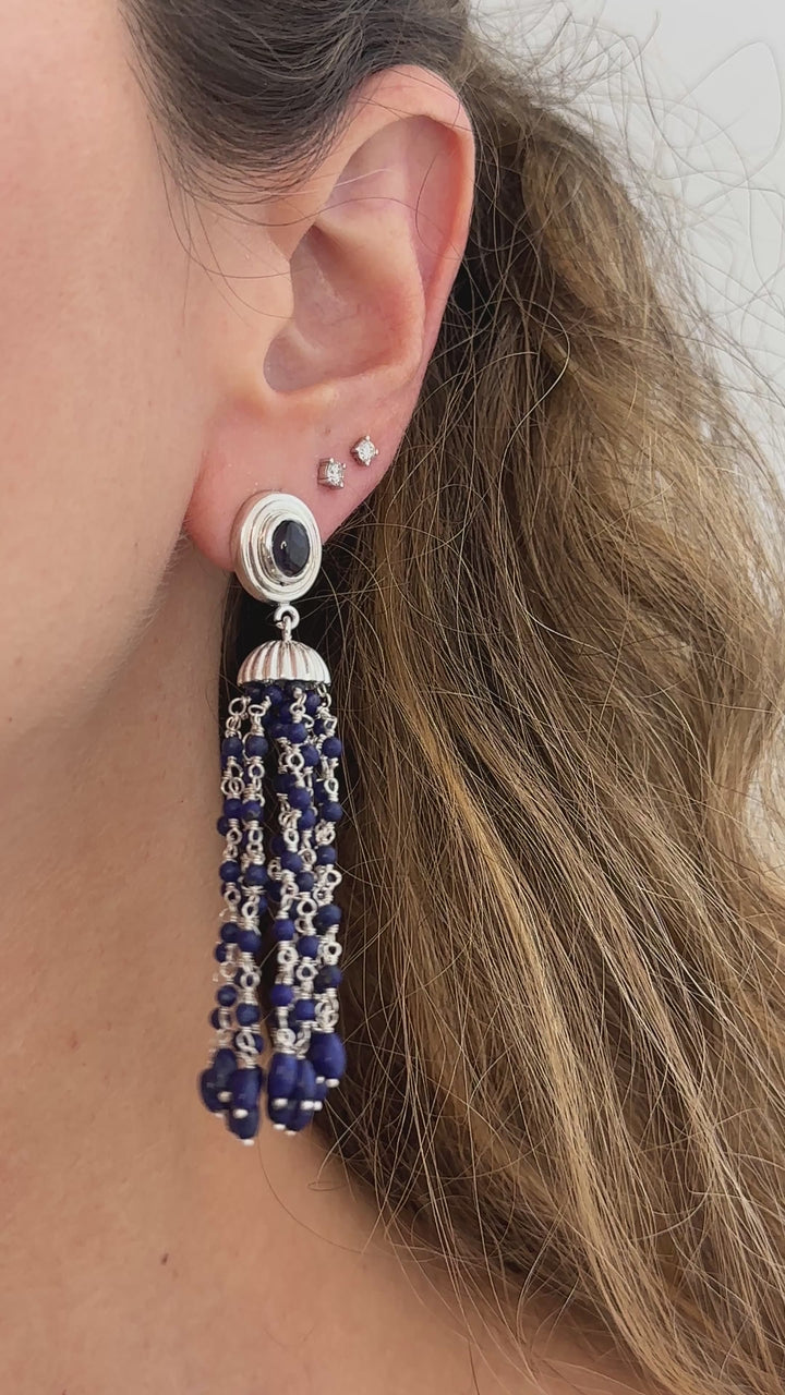 925 Sterling Silver and Lapis Lazuli Braided Pom Pom Dangling Earrings
