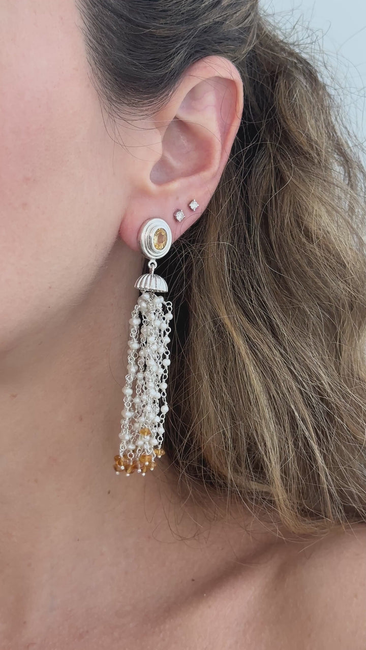 925 Sterling Silver, Citrine and Pearls Braided Pom Pom Dangling Earrings