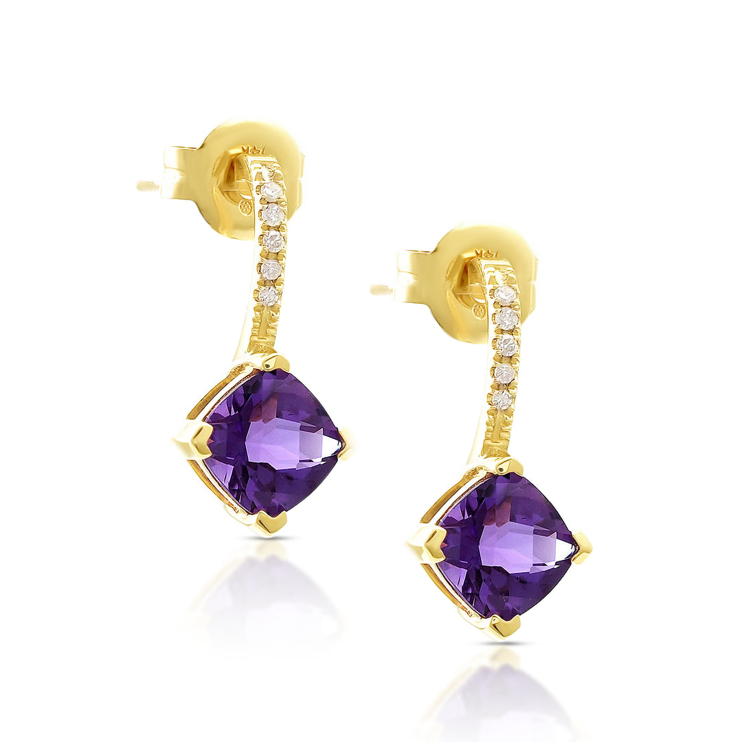 14K Gold Princess Cut Amethyst and Diamonds Earrings