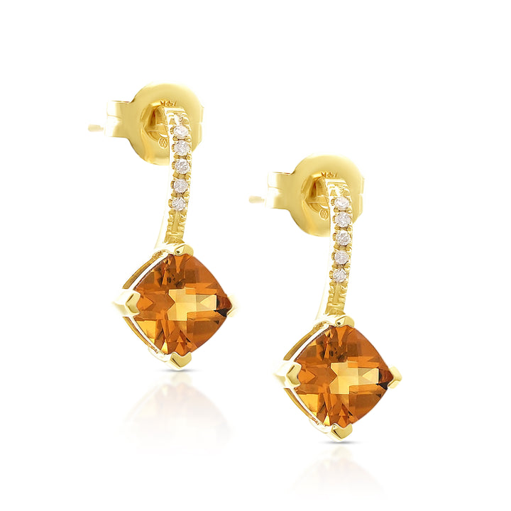 14K Gold Princess Cut Citrine and Diamonds Earrings