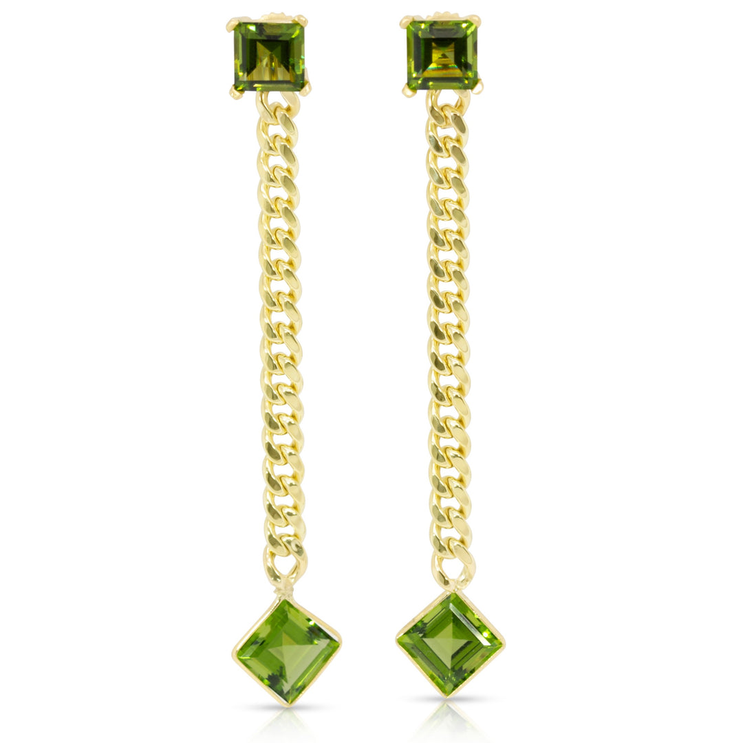 14K Yellow Gold Princess Cut Peridot Gemstones Cuban Chain Earrings