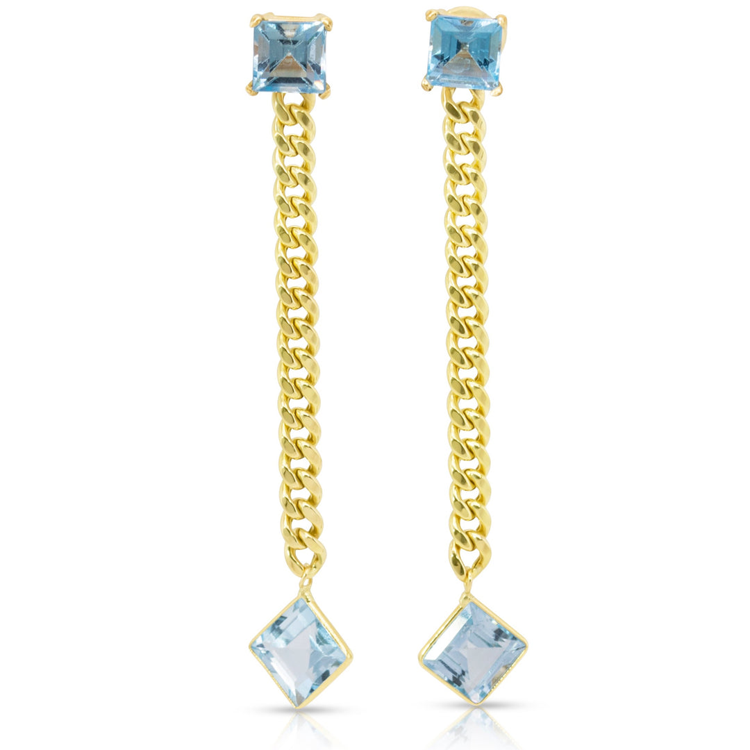 14K Yellow Gold Princess Cut Blue Topaz Gemstones Cuban Chain Earrings