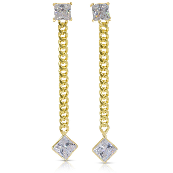14K Yellow Gold Princess Cut White Gemstones Cuban Chain Earrings