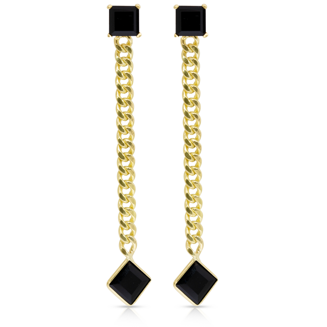 14K Yellow Gold Princess Cut Black Onyx Gemstones Cuban Chain Earrings