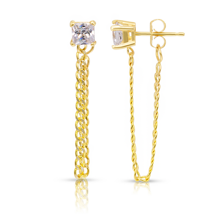 14K Yellow Gold Single Princess Cut Gemstone Cuban Chain Earrings