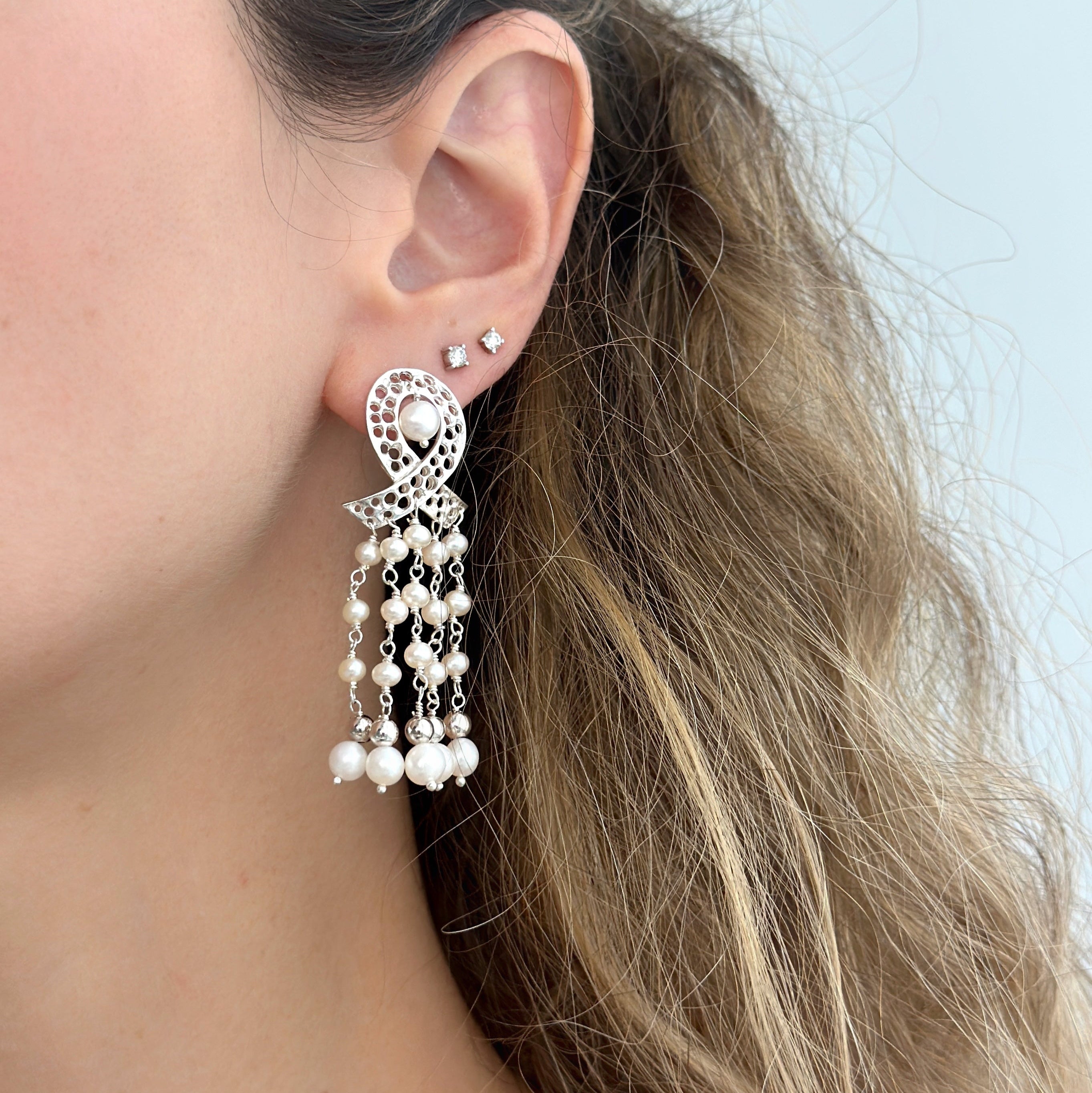 925 Sterling Silver Ribbon and Braided Pearls Cascade Earrings