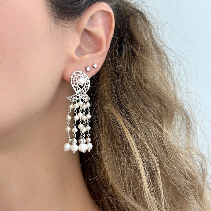 925 Sterling Silver Ribbon and Braided Pearls Cascade Earrings