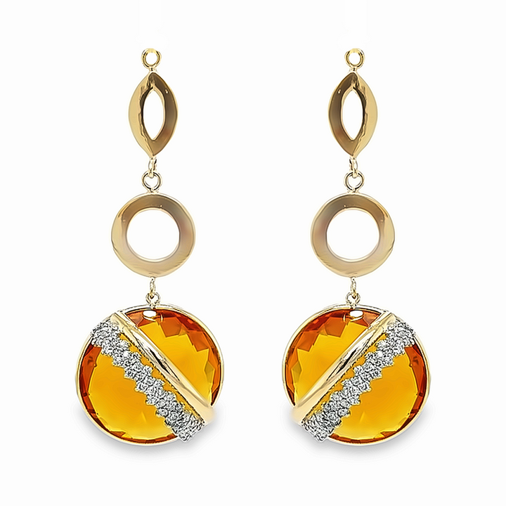 Rounded Citrine, Diamonds and Gold Earring Pendants