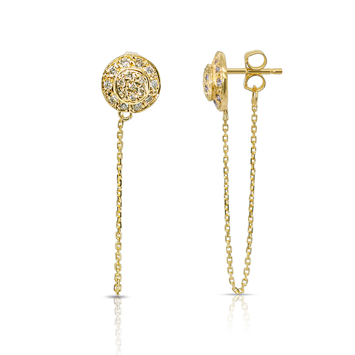 14K Gold Diamond Pave Round Chain Earring Studs