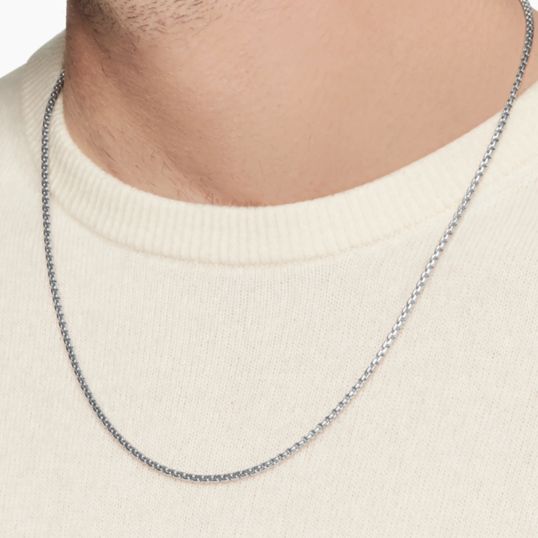 925 Sterling Silver and Rhodium 2mm Round Box Men Chain Necklace