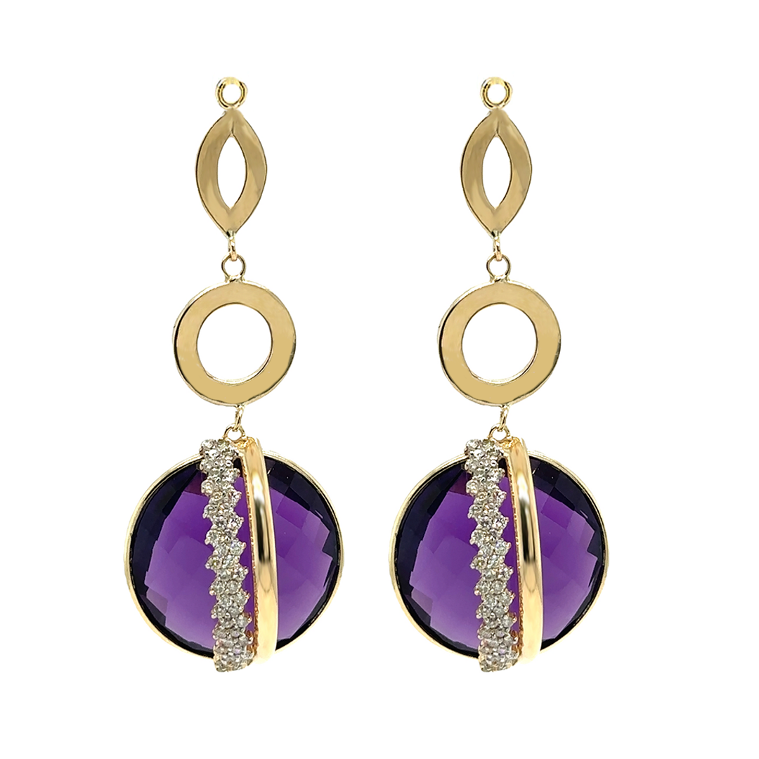 Rounded Amethyst, Diamonds and Gold Earring Pendants