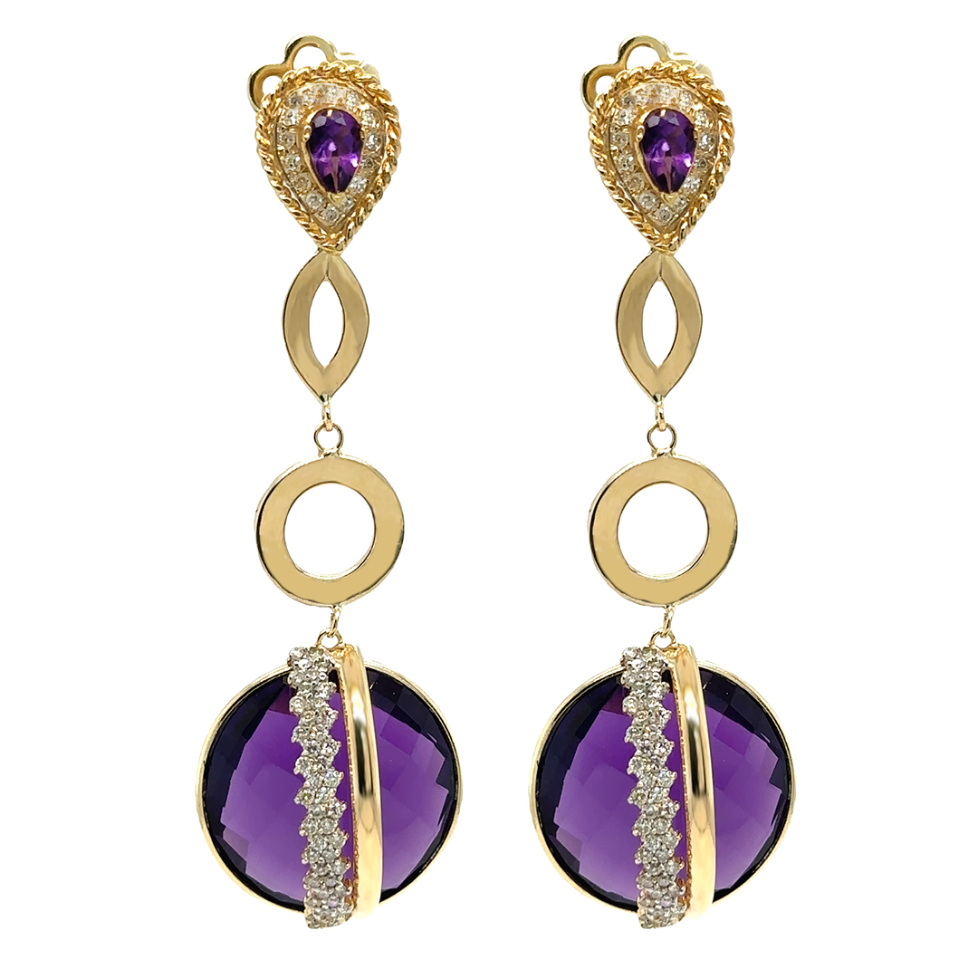 Rounded Amethyst, Diamonds and Gold Earring Pendants