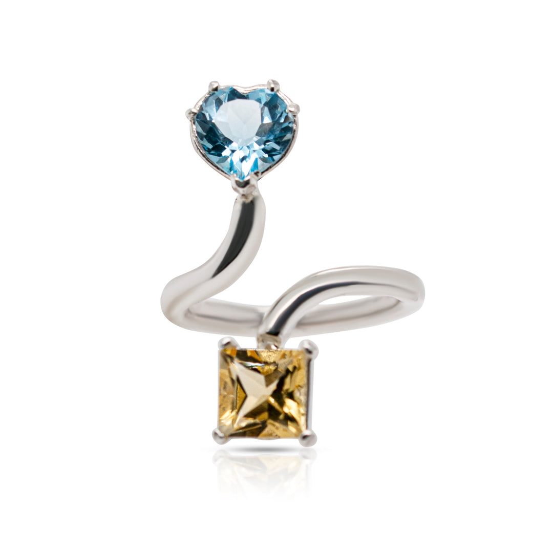 925 Sterling Silver Blue Topaz Heart and Citrine Princess Cut Gemstones Adjustable Ring