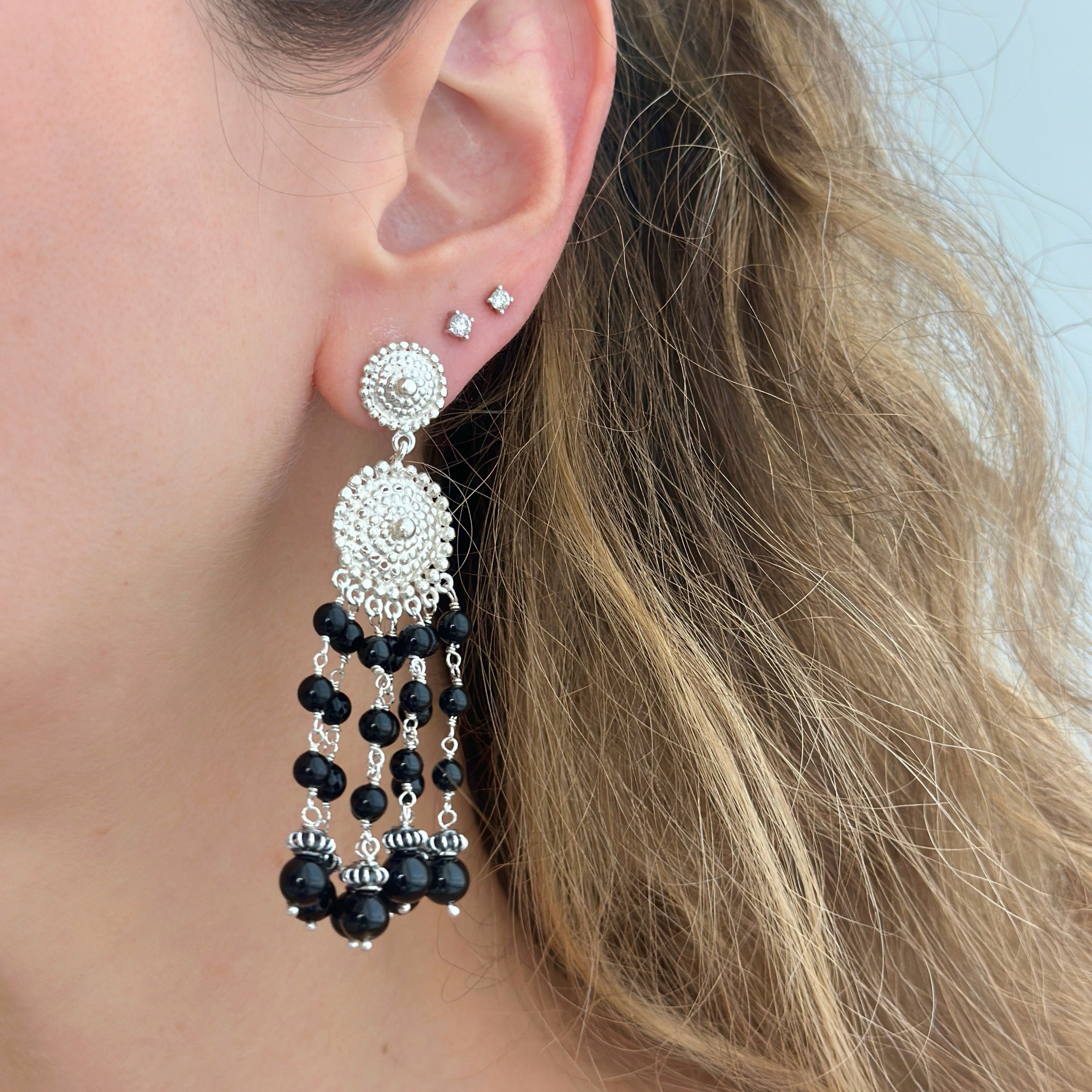 925 Sterling Silver Medallion and Black Onyx Braided Beads Cascade Earrings
