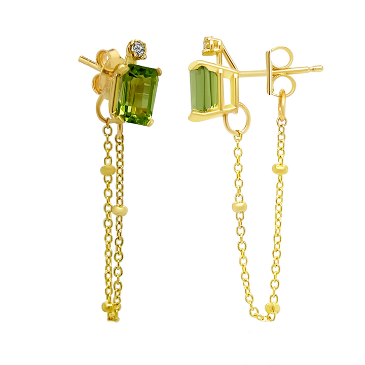 14K Yellow Gold Emerald Cut Peridot Gemstone And Diamond Chain Studs