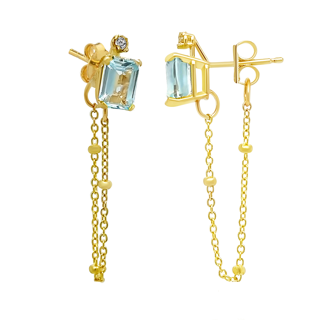 14K Yellow Gold Emerald Cut Blue Topaz Gemstone And Diamond Chain Studs