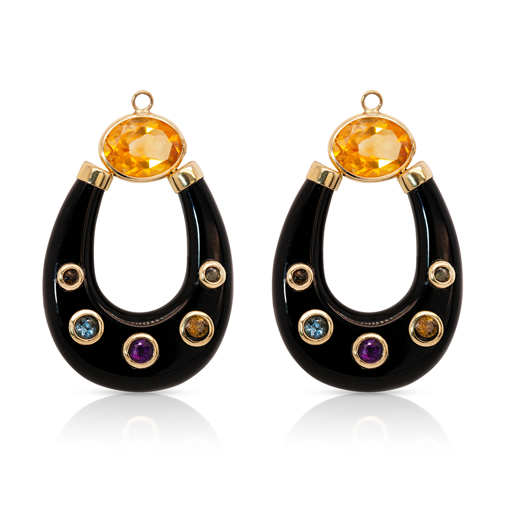 14K Gold Citrine and Onyx Inlay Stones Earring Pendants