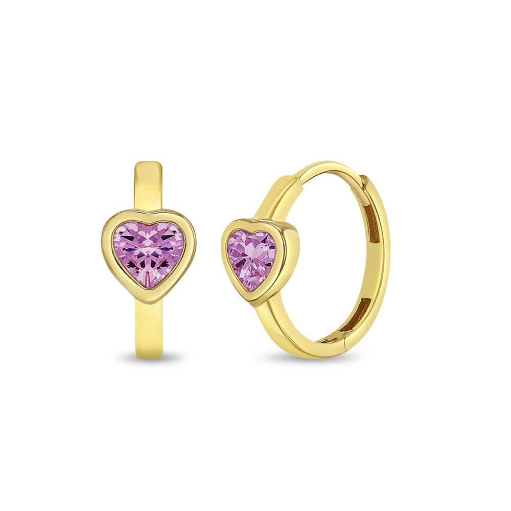 14K Gold Pink Heart Girls Hoop Earrings