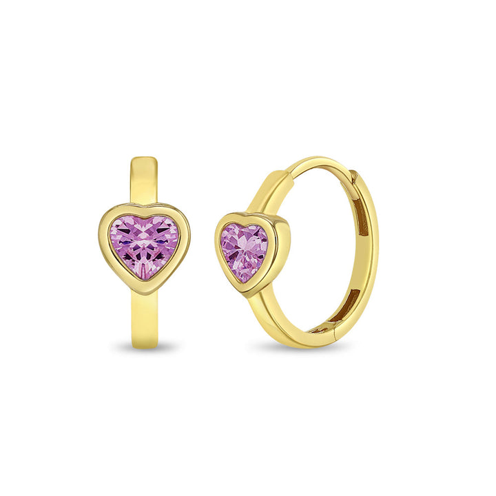 14K Gold Pink Heart Girls Hoop Earrings