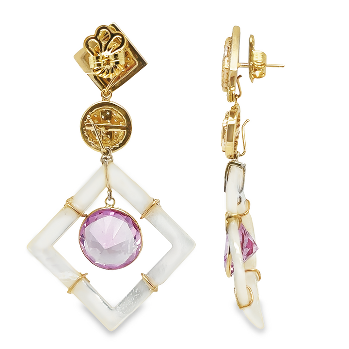 14K Gold Square Mother Pearl, Pink Topaz and Diamonds Earring Pendants