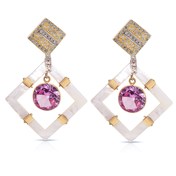 14K Gold Square Mother Pearl, Pink Topaz and Diamonds Earring Pendants