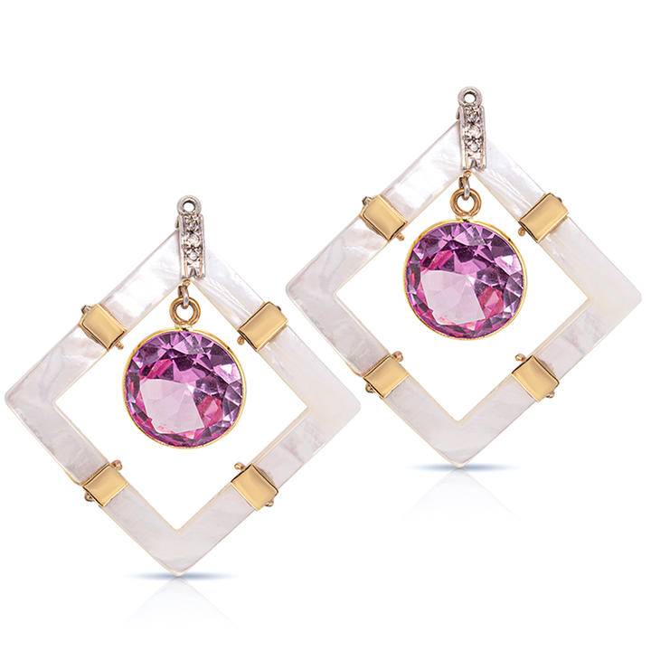 14K Gold Square Mother Pearl, Pink Topaz and Diamonds Earring Pendants