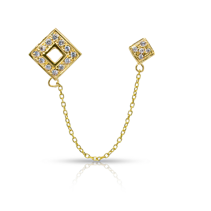 14K Gold Diamond Pave Square Chain Double Studs