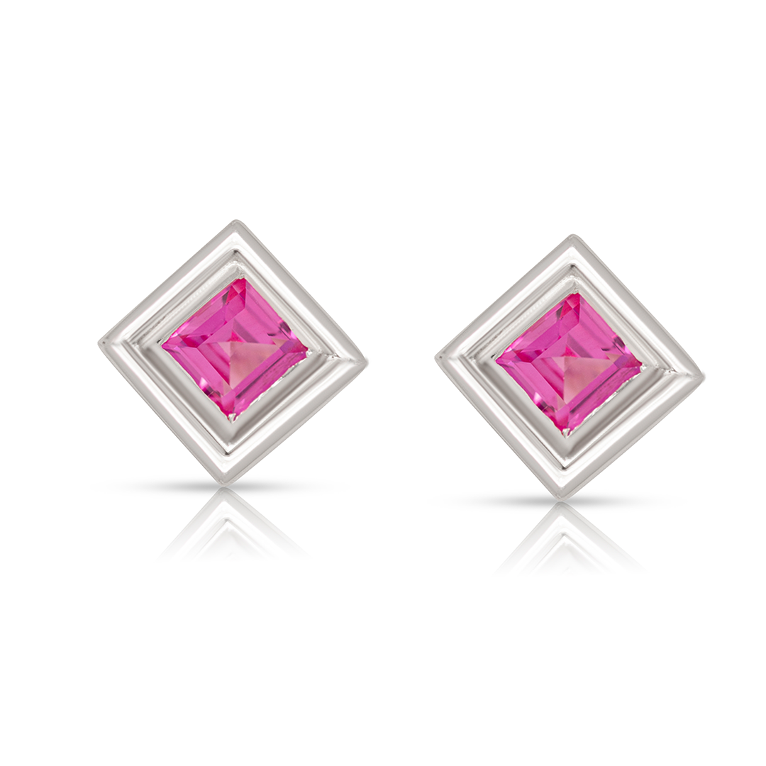 925 Sterling Silver Square Pink Earring Studs