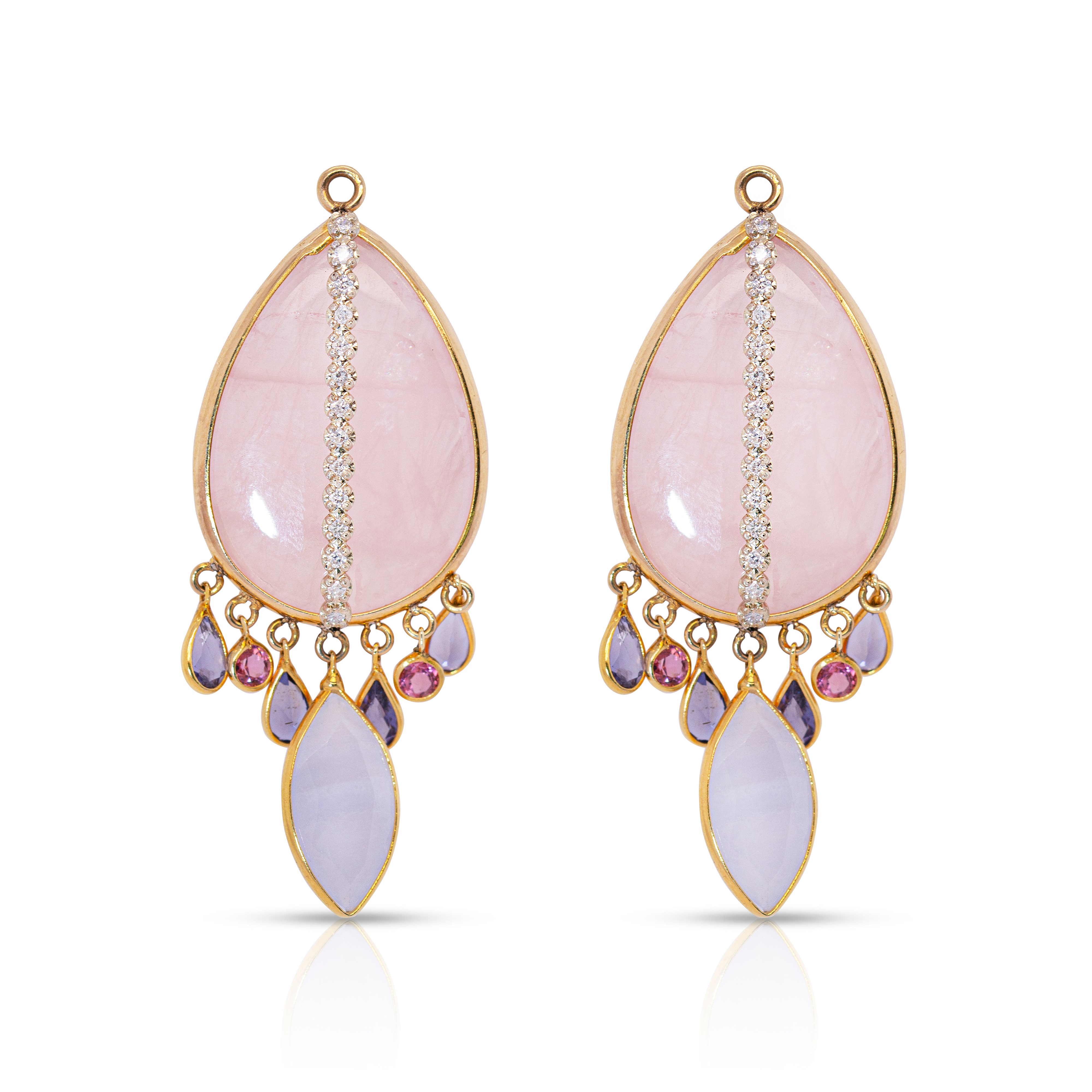 14K Gold Rose Quartz, Chalcedony, Iolite and Diamonds Dangling Earring Pendants